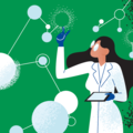 Auf dem Bild steht eine Wissenschaftlerinnen mit weißem Kittel in Comic-Optik. Sie hält in der linken Hand ein Tablet und zeigt mit der rechten Hand auf eine künstliche Luftblase.