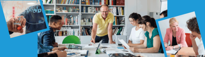 Zu sehen ist ein Banner, der drei Fotos enthält. Links ist eine Hand zu sehen, die auf eine Pinnwand schreibt, in der Mitte sieht man einen Professor, der Studierende unterrichtet und rechts eine Professorin, die mit einem Studenten spricht. Die Farben sind alle freundlich gehalten.