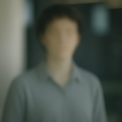 Unscharfes Bild einer Person mit dunklen Haaren und grauem Hemd vor dunklem Hintergrund.