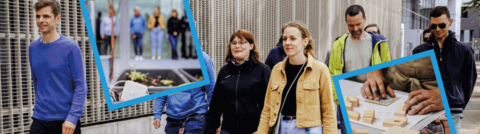 Campusführung Zu sehen ist eine Gruppe von Menschen verschiedenen Alters und Geschlechts, die vor einem Gebäude entlang läuft. Sie lächeln und unterhalten sich interessiert miteinander.