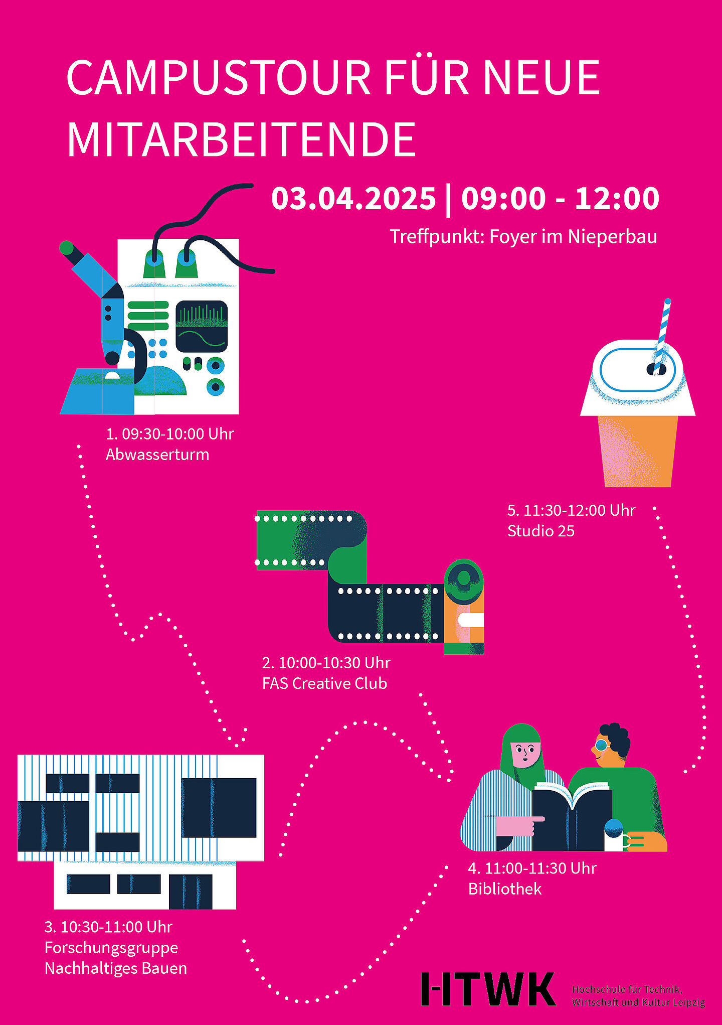 Das Bild ist ein Plakat für die Campustour für neue Mitarbeitende der HTWK Leipzig, die am 03.04.2025 von 09:00 bis 12:00 Uhr stattfindet. Treffpunkt ist das Foyer im Nieperbau.  Das Plakat hat einen pinken Hintergrund mit weißem Text. Darauf sind fünf Stationen dargestellt, die entlang einer gepunkteten Linie angeordnet sind. Jede Station ist mit einer Uhrzeit, einem Titel und einer illustrierten Grafik versehen:      09:30–10:00 Uhr – Abwasserturm    Illustration: Ein Mikroskop und technische Komponenten.      10:00–10:30 Uhr – FAS Creative Club     Illustration: Ein Filmstreifen.    10:30–11:00 Uhr – Forschungsgruppe Nachhaltiges Bauen     Illustration: Ein Gebäude mit Fenstern und Streifen.      11:00–11:30 Uhr –Bibliothek     Illustration: Zwei Personen, die in einem Buch lesen, eine davon mit Kopftuch.     11:30–12:00 Uhr – Studio 25     Illustration: Ein Becher mit Strohhalm.  Unten rechts befindet sich das Logo der HTWK Leipzig mit dem Schriftzug „Hochschule für Technik, Wirtschaft und Kultur Leipzig“.