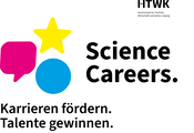 ogo mit bunten Symbolen und Text: „Science Careers. Karrieren fördern. Talente gewinnen.“ Oben rechts: HTWK Leipzig.